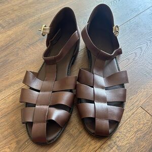 Pilcro Brown Leather Sandals with Woven Design